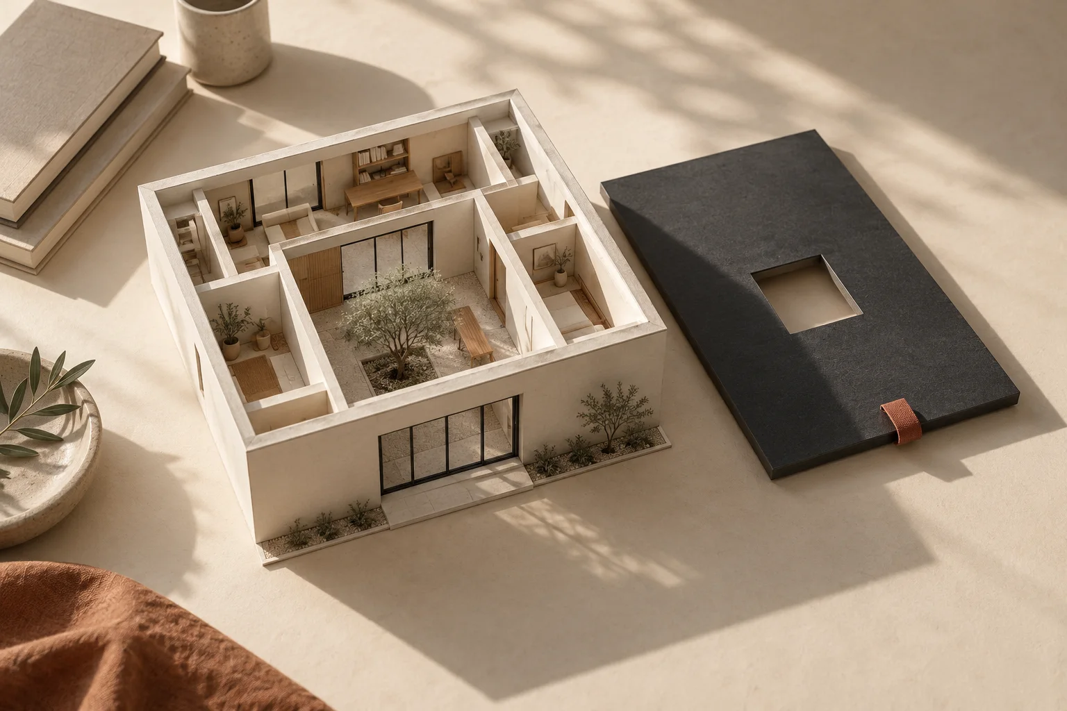 Editorial photograph of an ivory architectural model with its charcoal roof panel set beside it, revealing the existing rooms and courtyard