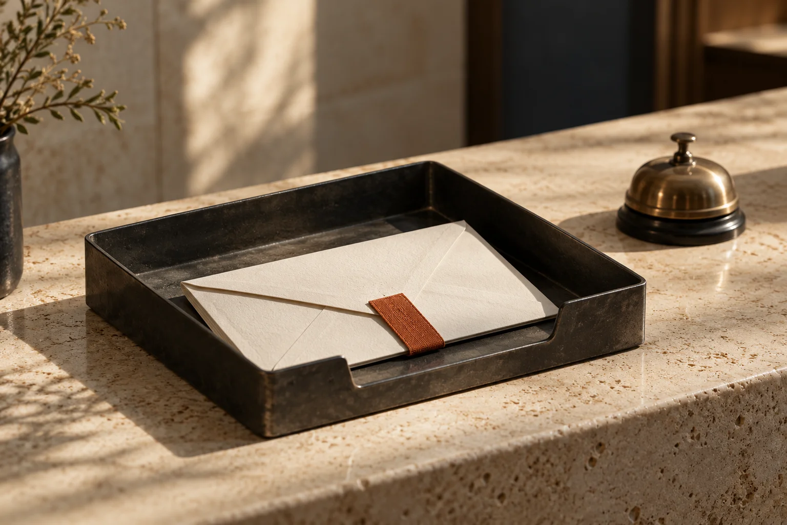 Editorial still life of a cream envelope with a rust fabric tab in a charcoal correspondence tray, beside a small service bell