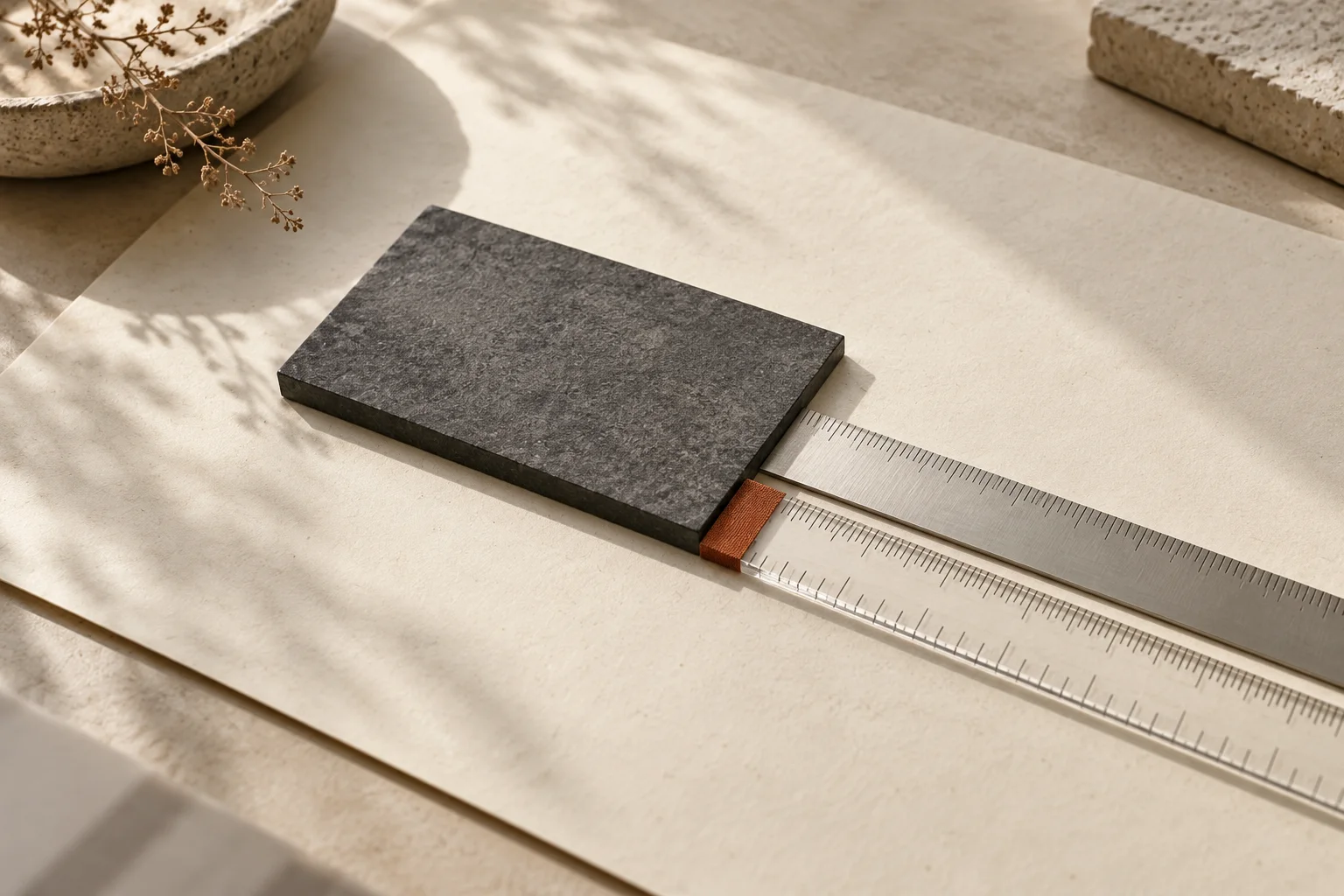 Editorial still life of two different rulers aligned beside a charcoal material sample on ivory paper, with a small rust fabric marker