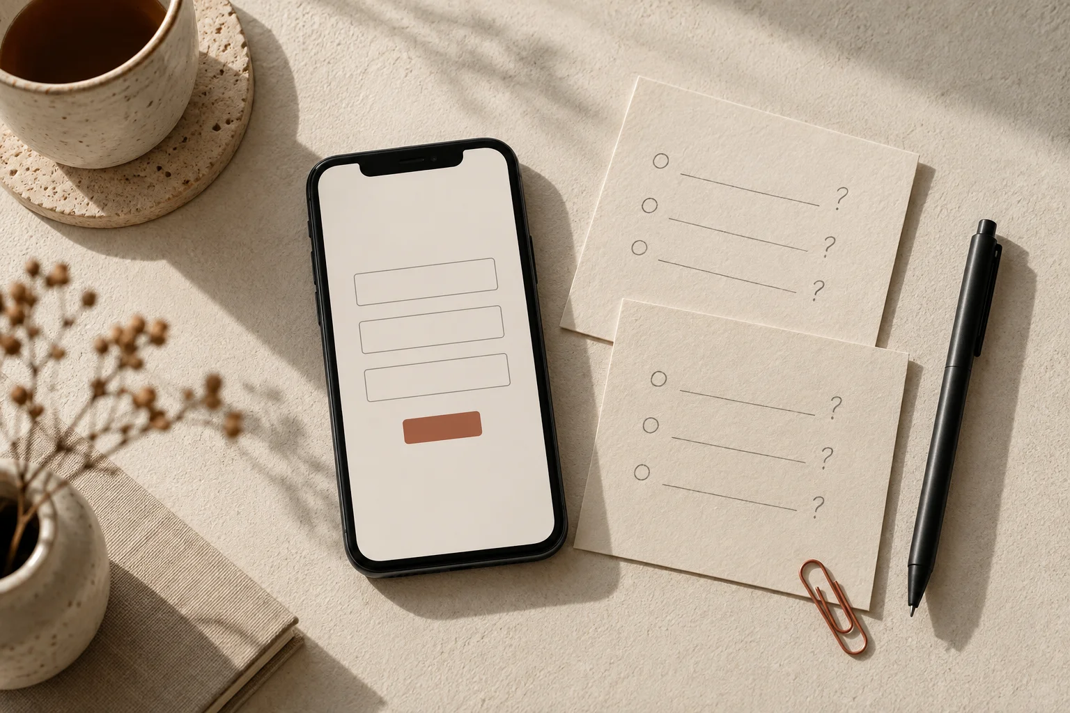 Editorial illustration of a short mobile enquiry form beside paper notes on an ivory desk
