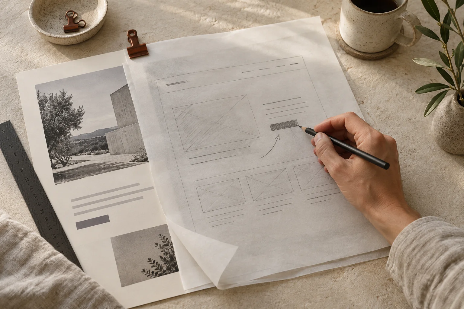 Editorial illustration of a hand sketching a revised website layout on tracing paper over an existing printed page
