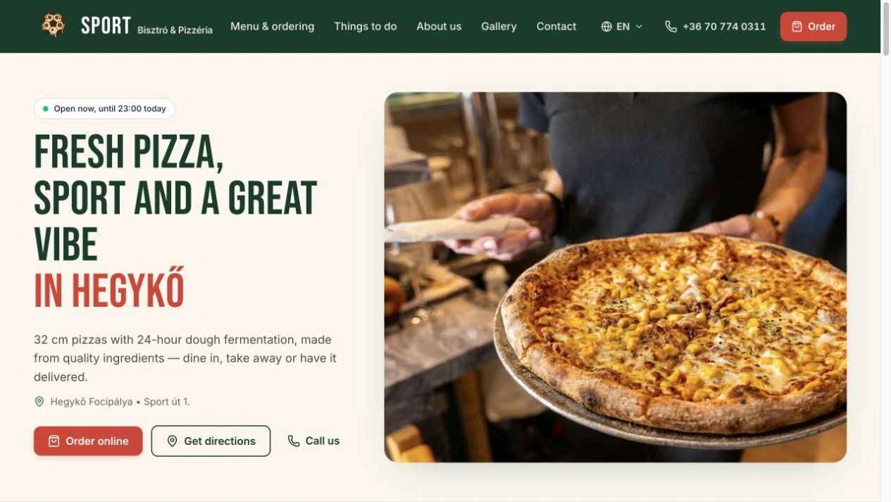 Sport Bisztró & Pizzéria – az élő weboldal főoldala