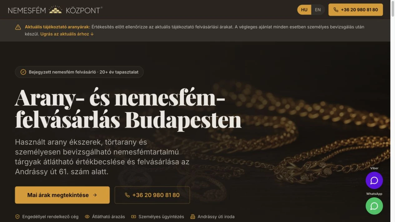 Nemesfém Központ live website homepage